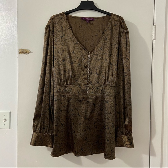 GLORIA VANDERBILT Brown leaf print blouse - Picture 1 of 7